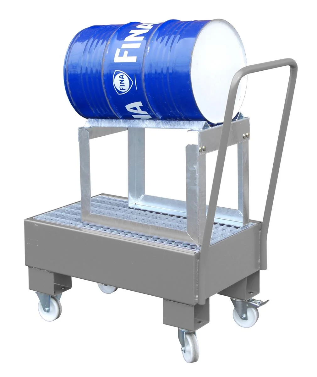 BAUER Fahrbare Auffangwanne AW 60-1 SRF für 1 × 60-l-Fass liegend, lackiert RAL 7005 Mausgrau, 500 × 940 × 1075 mm, 61 l