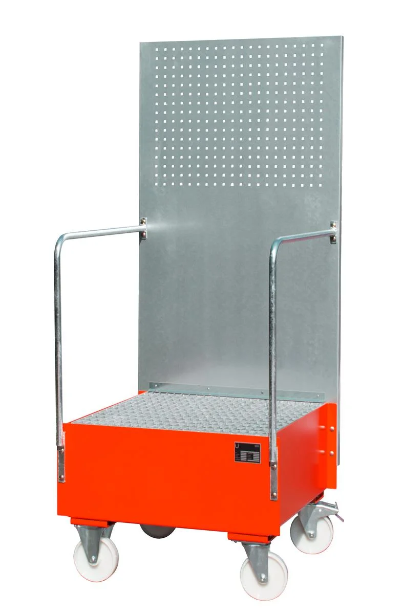 BAUER Fahrbare Auffangwanne mit Lochplattenwand LPW 200-1 für 1 Fass à 200 l, lackiert RAL 3000 Feuerrot, 890 × 870 × 2110 mm, 203 l