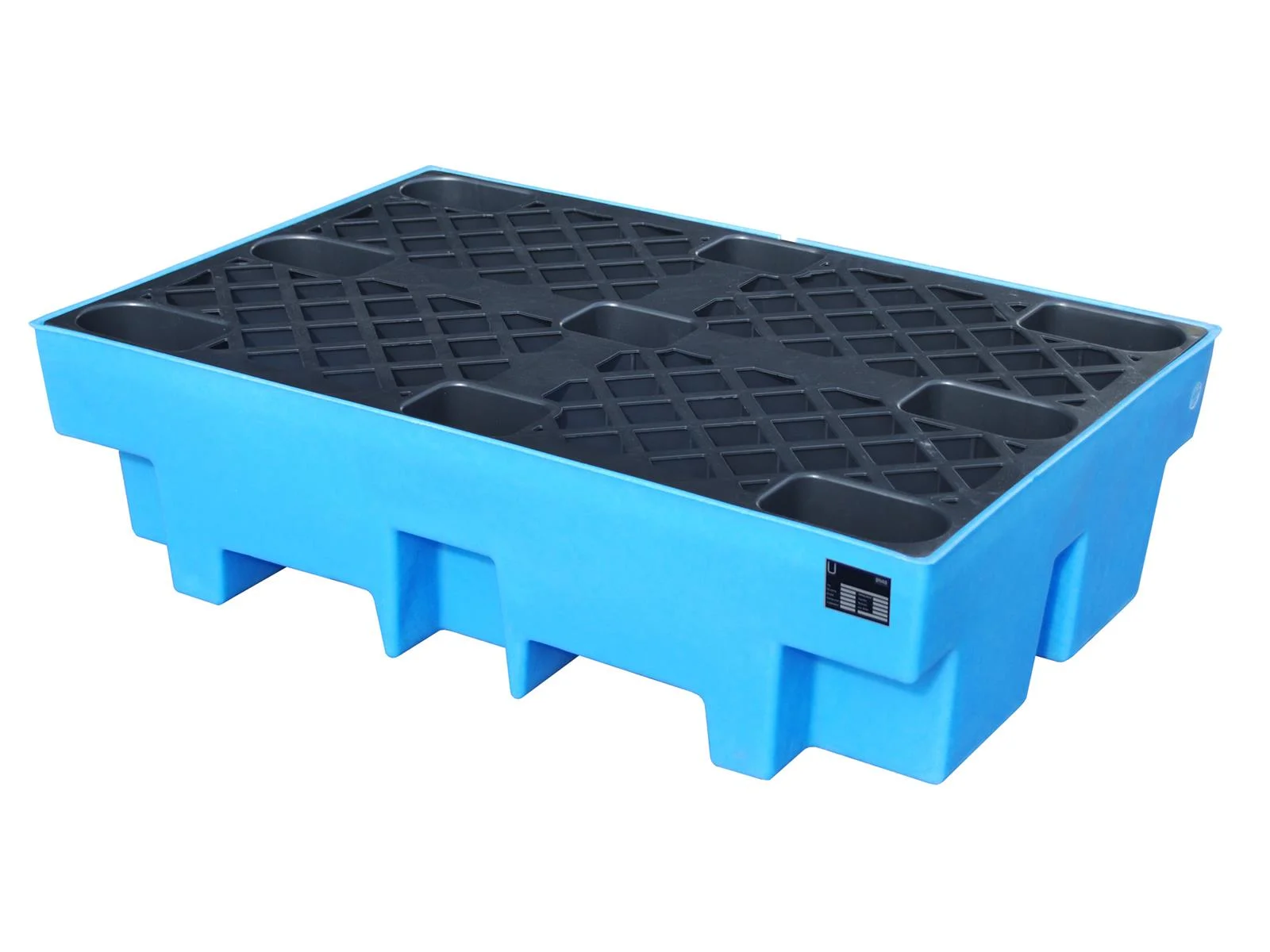 Vasca di contenimento in PE, tipo WP1220x820x33 mm, con pallet in PE, 2 fusti da 200 L, Plastikpalette, blaue Palette, Gitteroberfläche, Industrielle Palette, stapelbare Palette