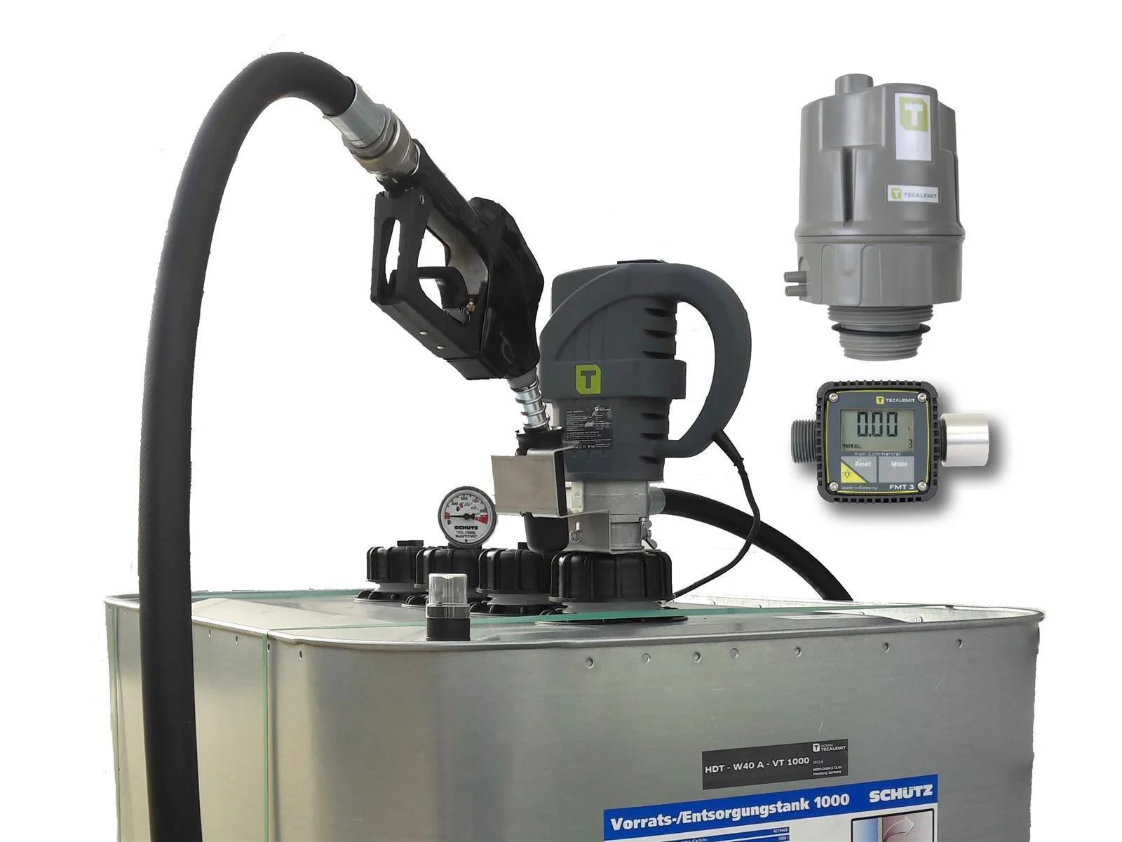 Stazione di rifornimento aziendale PLUS W85 - impianto di erogazione diesel da 1000 litri con misurazione digitale del livello TecSonic, tubo di erogazione da 4 m con contatore digitale