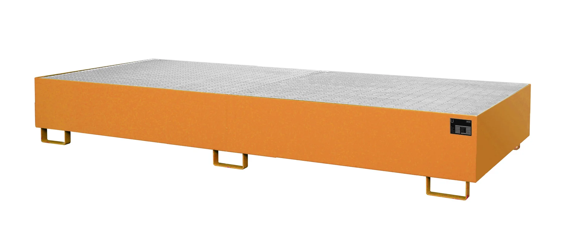 Vasche per scaffalature 3250 x 1300 x 265 mm, 540 litri, industrielle Plattform, orange Rampe, Stahl-Gitteroberfläche, schwere Belastung Plattform, Gabelstapler Fußstütze