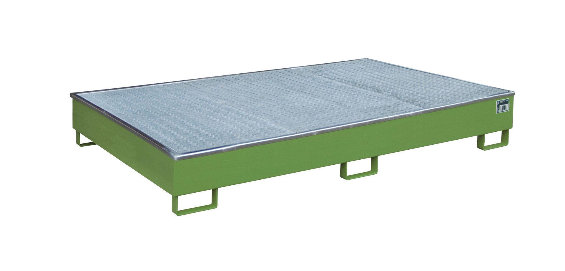 Vasca per scaffalature 2165x1315x510 mm, capacità di 1000 litri, con inserto in PE e grigliato 2200-2, colore RAL 6011 Verde Reseda