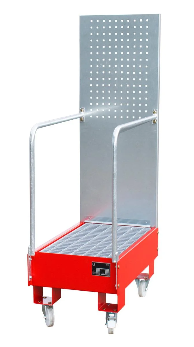 BAUER Fahrbare Auffangwanne mit Lochplattenwand LPW 60-3 für 2 Fässer à 60 l, lackiert RAL 3000 Feuerrot, 500 × 875 × 1685 mm, 60 l
