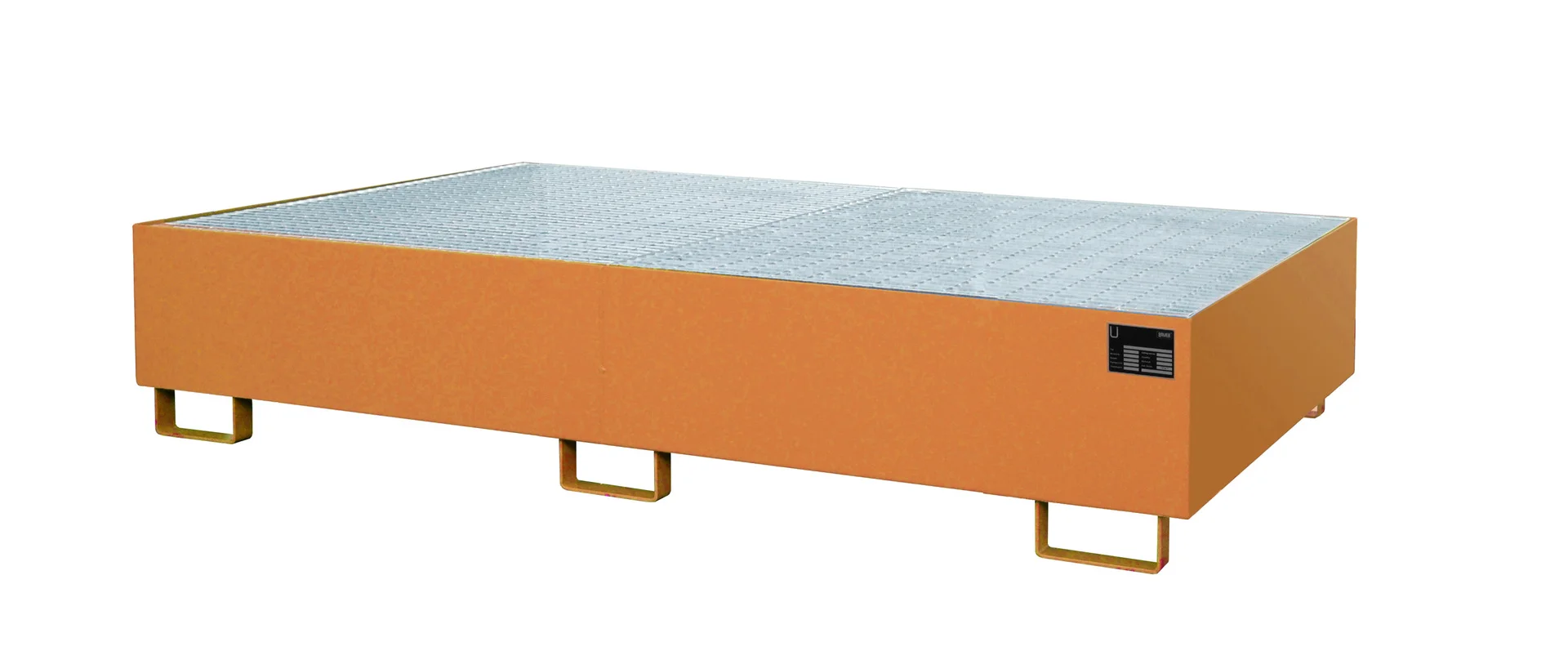 Vasche per scaffali 2650x1300x300mm 540 Litri, orange Palette, metallische Plattform, Gitteroberfläche, industrielle Verladestation, Beladungsplattform