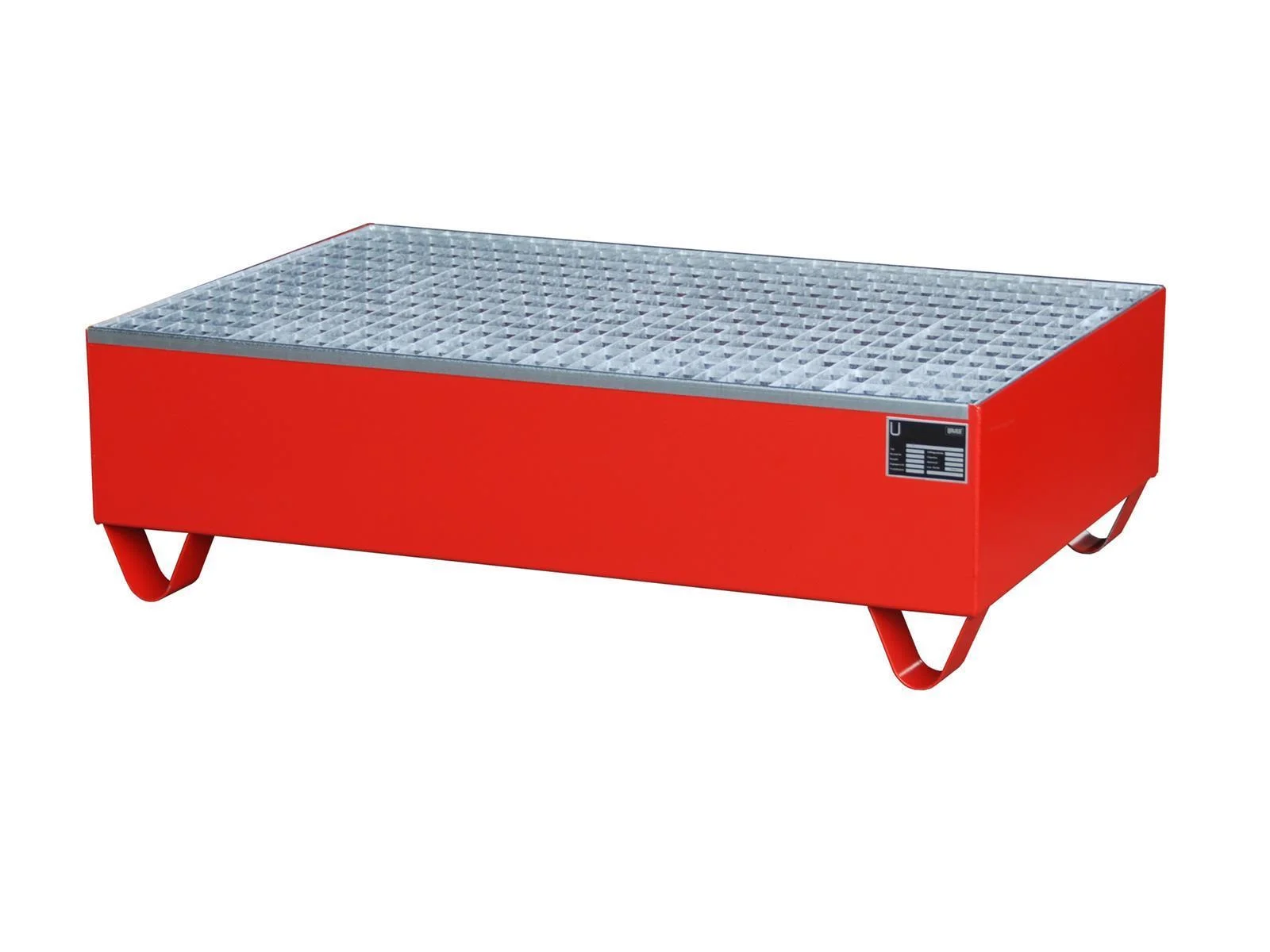 Vasca di raccolta 1200x800x360mm 215 litri Tipo Serie 2000 con griglia, Werkbank, Stahlauflage, Roter Metallkorpus, Griff-/Hakenklammern, Gitteroberfläche