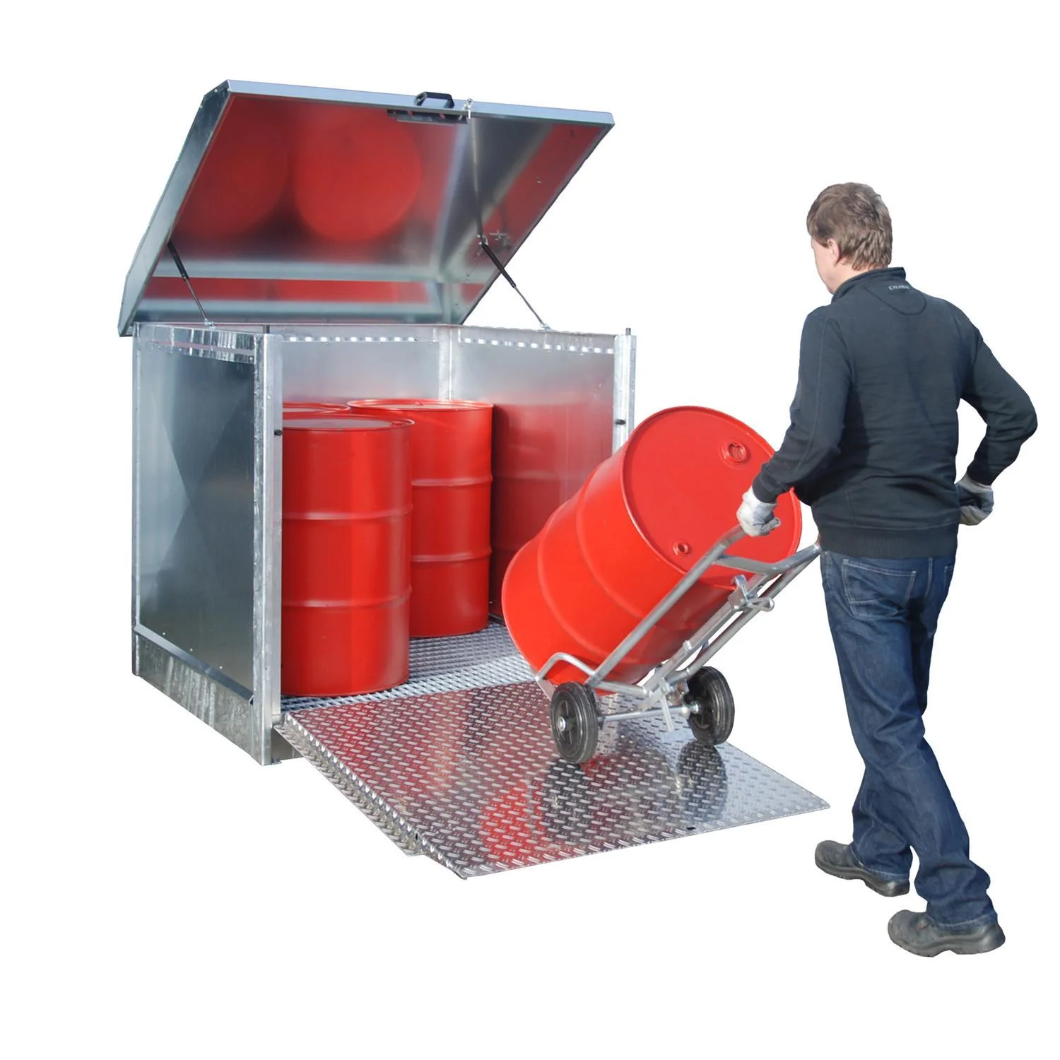 Deposito per sostanze pericolose di tipo GD-N GD-N/R 2, Gassfässer?, red drums, Metallbehälter, Fasslagerung, Ladestufe