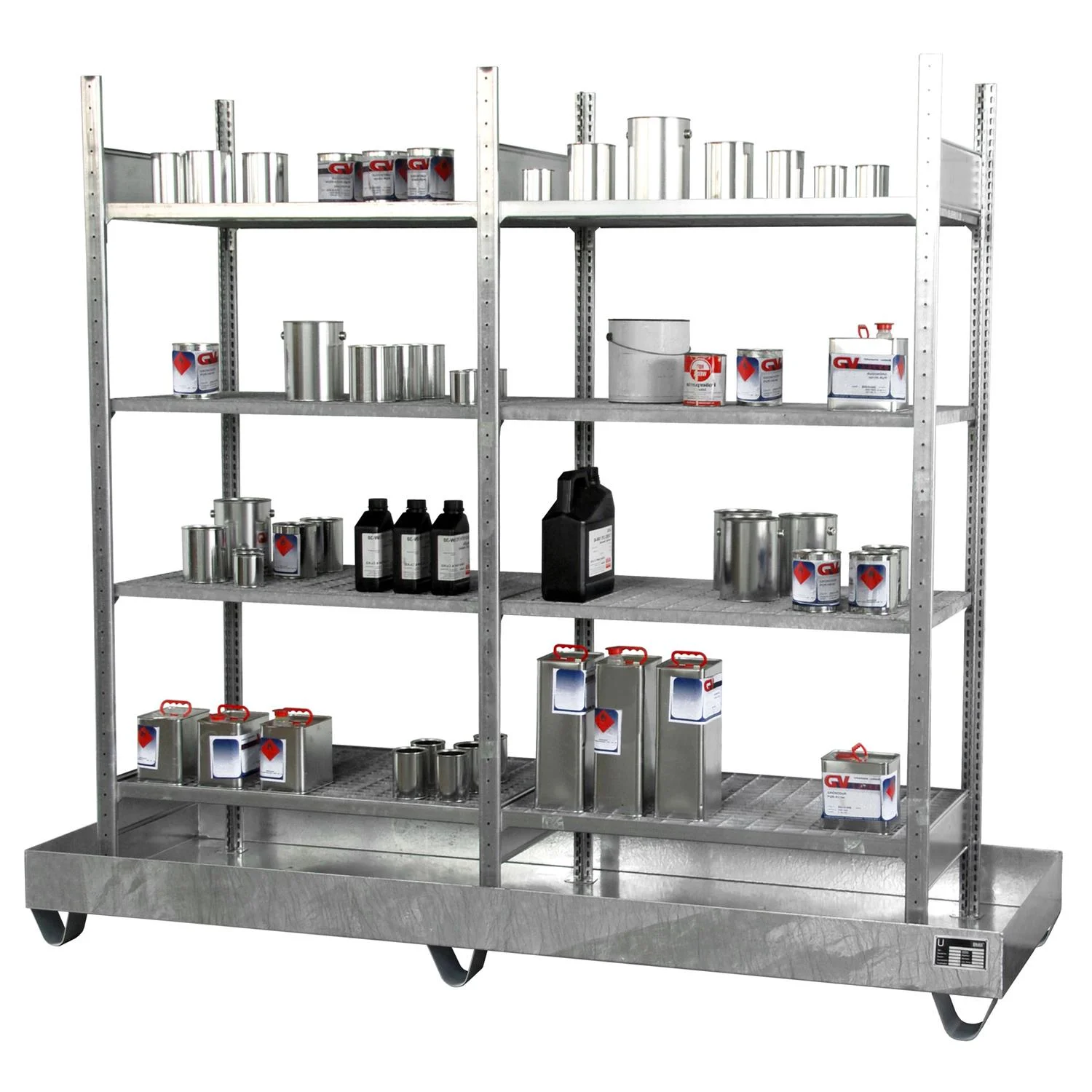 Scaffale per piccoli raccoglitori con vasca di raccolta 3023-4E, zincato BAUER, Regalwagen, Metallregal, Werkstattregal, Chemikalienregal, Lagerregal