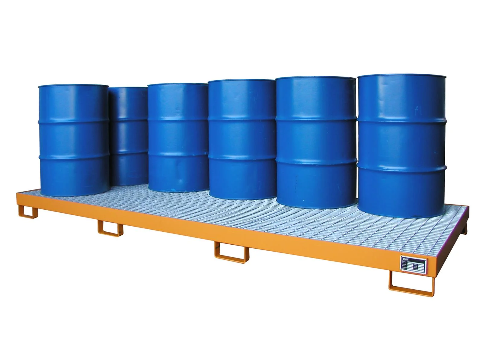BAUER Auffangwanne AW-10 für 10 Fässer à 200 l, lackiert RAL 2000 Gelborange, 3250 × 1300 × 195 mm, 240 l, mit Gitterrost