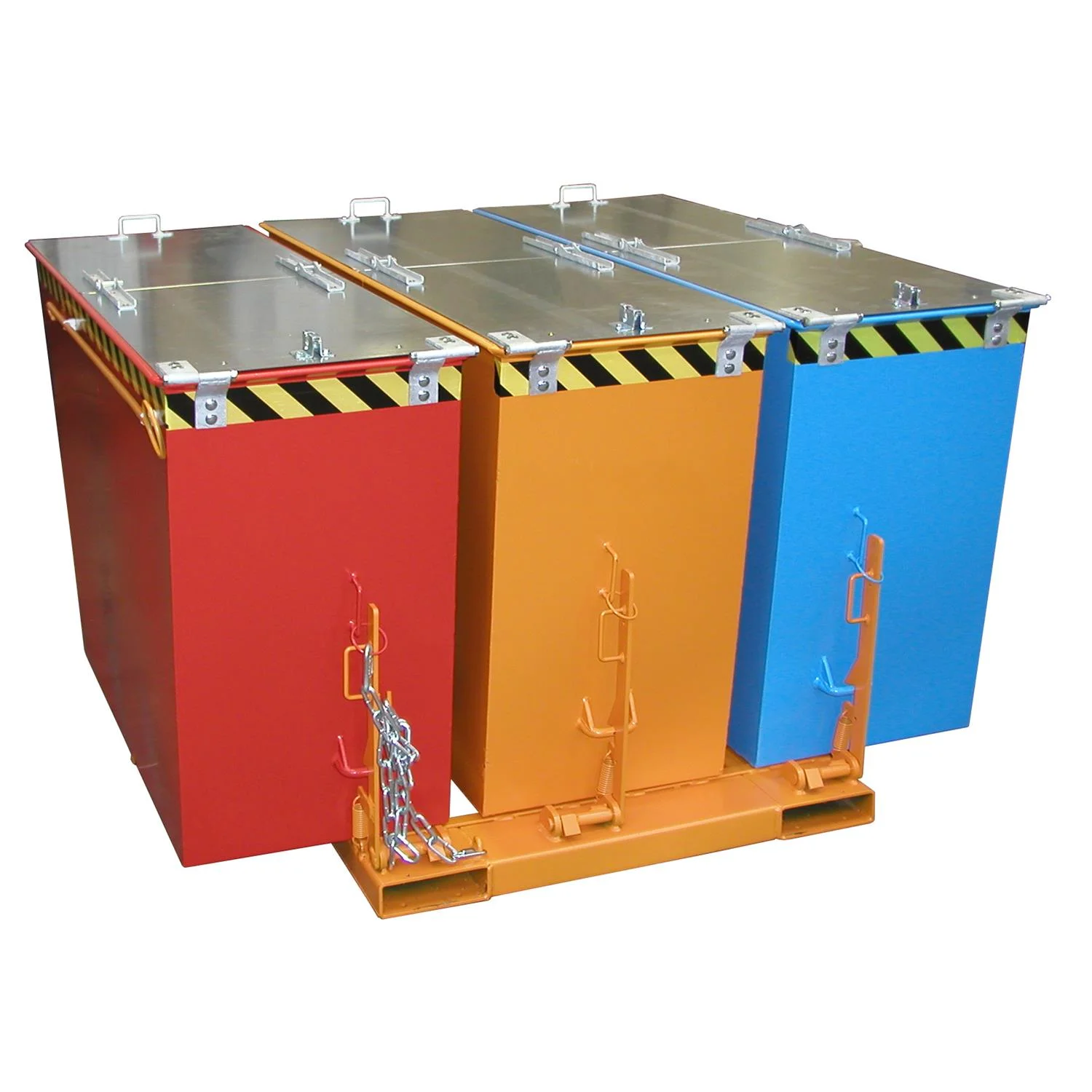 Contenitore ribaltabile TRIO 3 × 0,6 m³, 1665 × 1675 × 1000 mm, con 3 compartimenti per carrello elevatore.