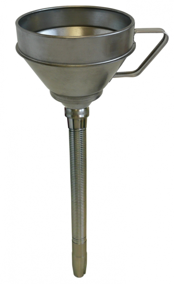 Weißblech-Trichter mit Sieb und flexiblem, geraden Auslauf Typ FF-T 160 mm Durchmesser