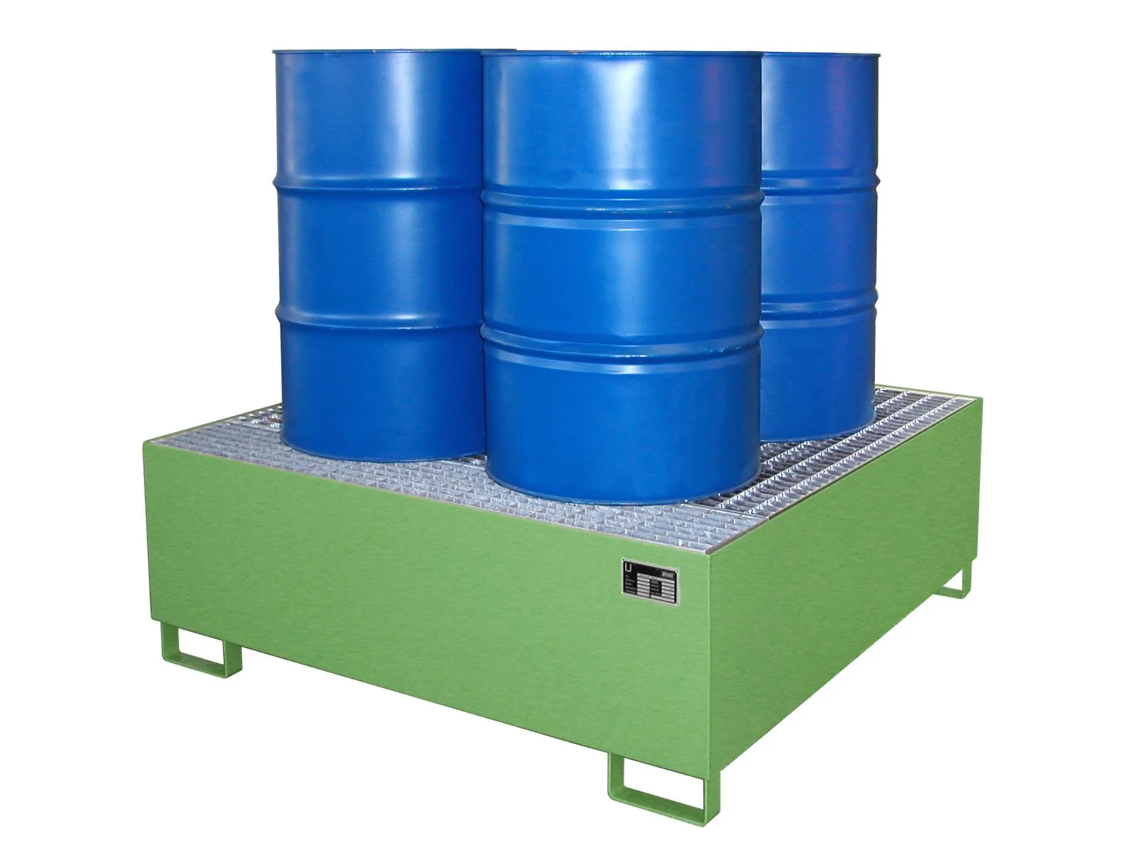 BAUER Auffangwanne AW 800 für 4 Fässer à 200 l, lackiert RAL 6011 Resedagrün, 1460 × 1460 × 525 mm, 800 l, mit Gitterrost