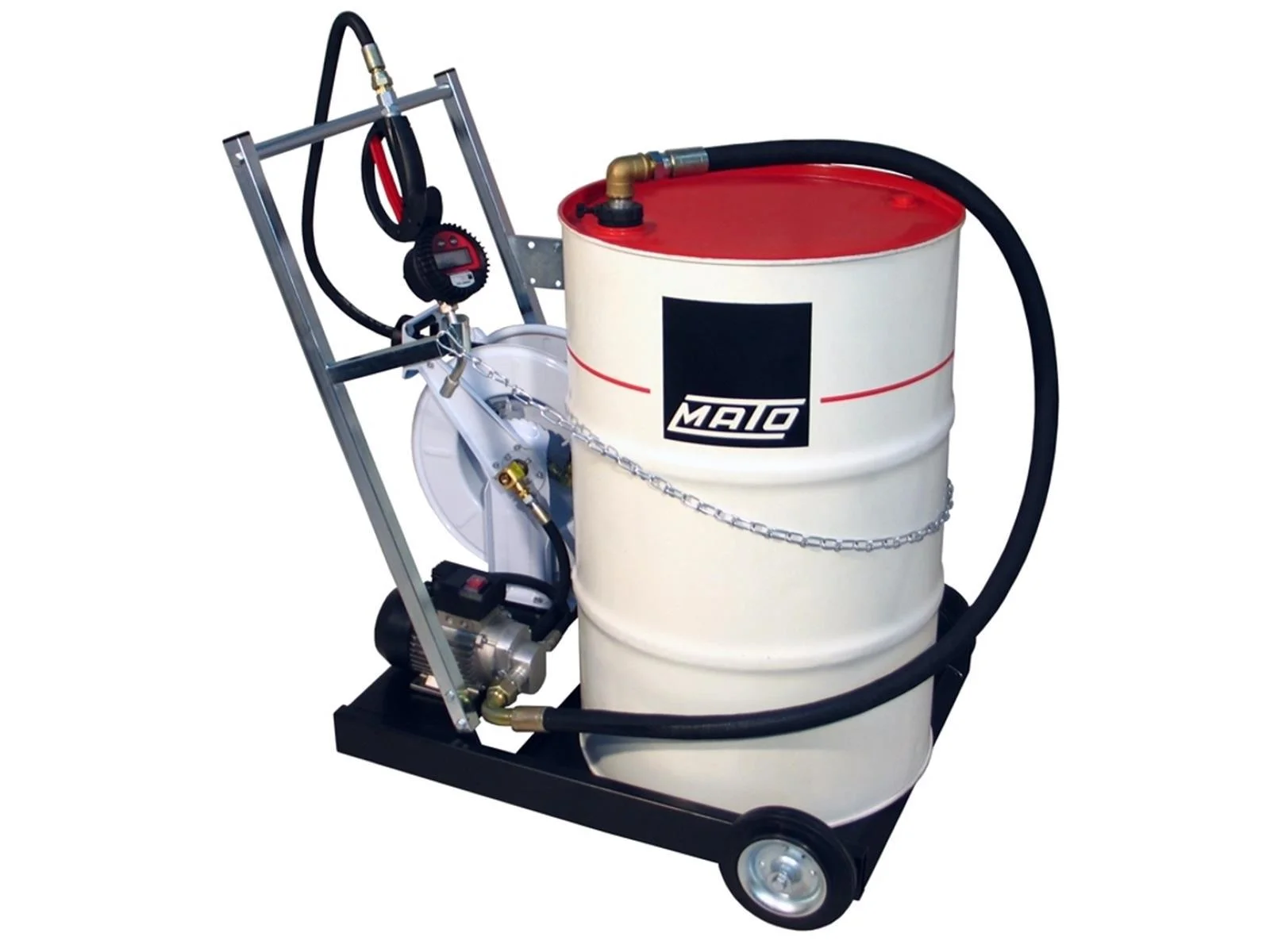 MATO sistema di pompe elettriche a ingranaggi EP200-F, mobile, per fusti di olio da 200 litri, con avvolgitubo da 10 m.
