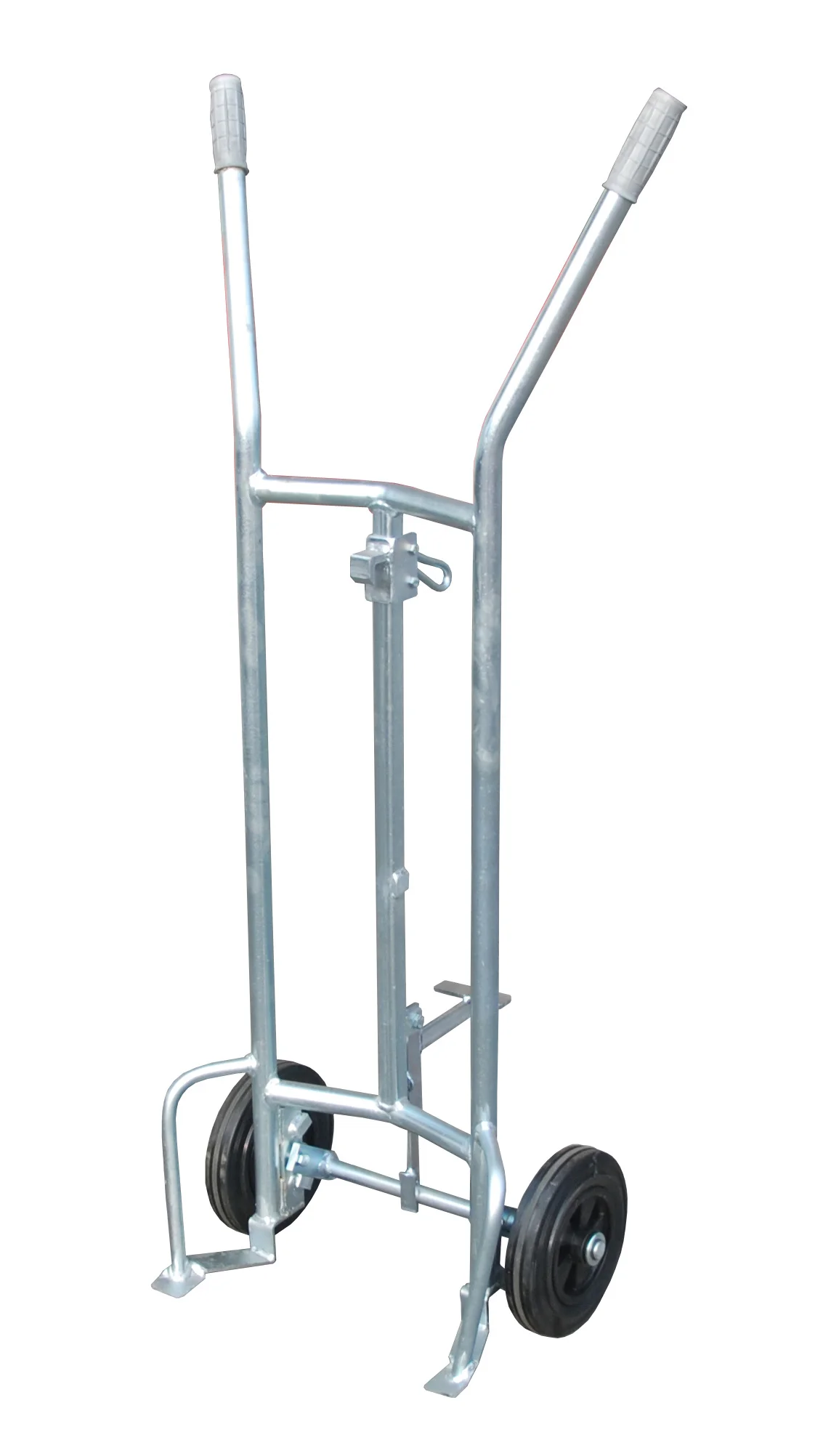 Carrello portafusti con ruote in gomma piena, per fusti a doghe da 200 litri, dimensioni 400 x 690 x 1565 mm.