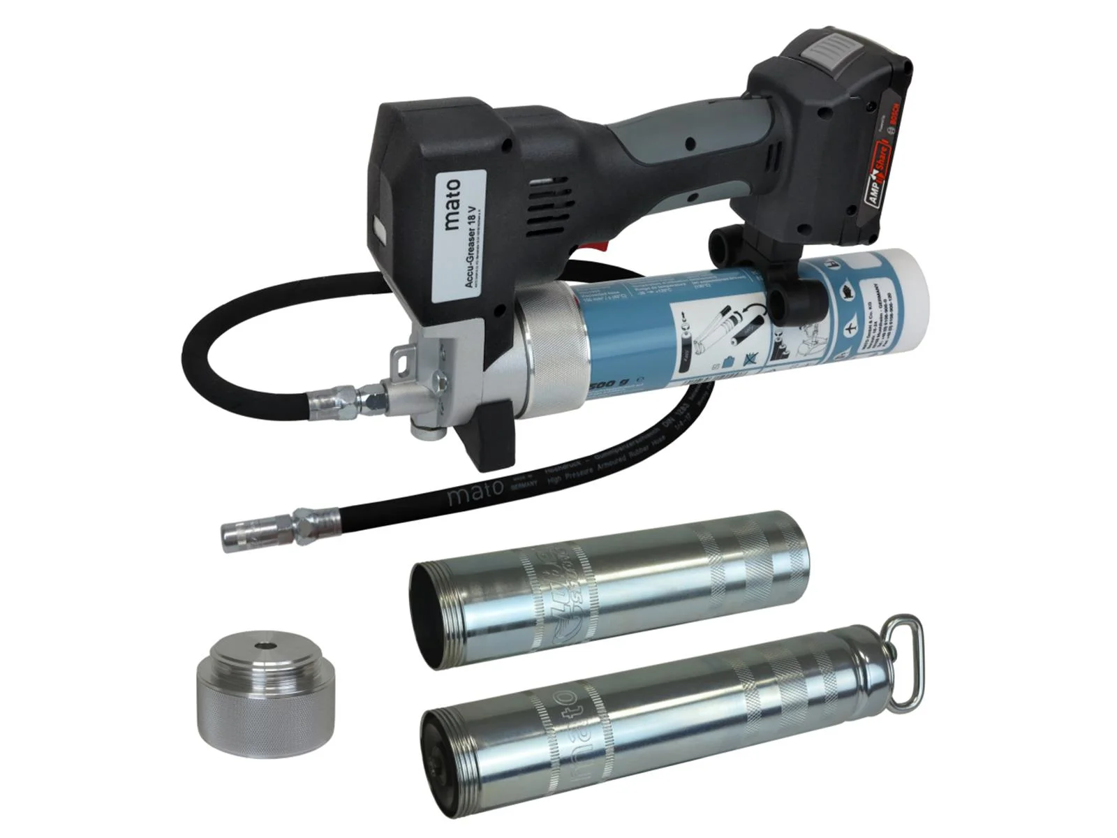 Akku-Fettpresse 18V Li-Ion f. 500g u. 400g sowie Lube-Shuttle Kartuschen ACCU-GREASER Premium MATO