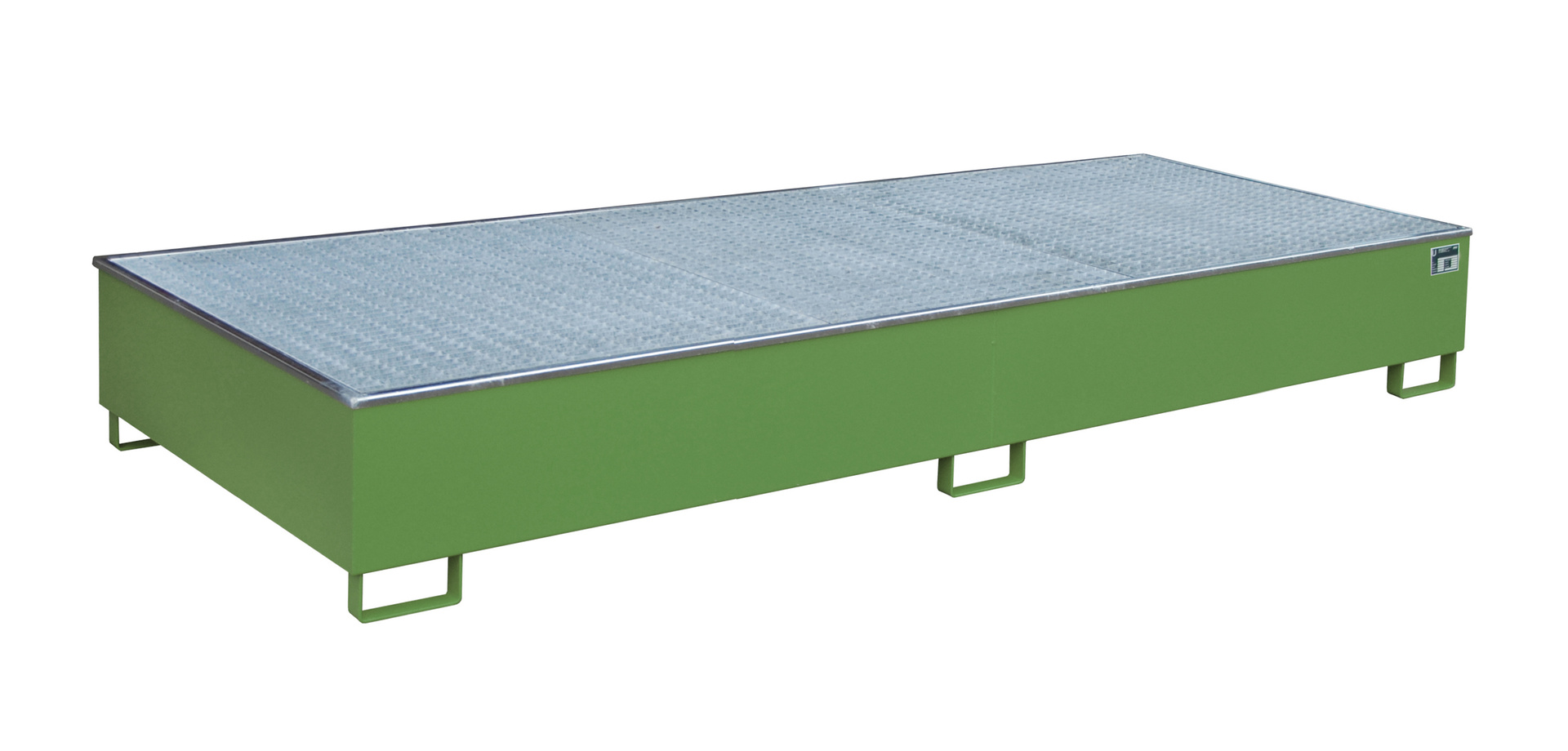 Vasca per scaffalature 3265 x 1315 x 385 mm, 1000 litri, con inserto in PE e griglia reticolare, modello 3300-3, colore RAL 6011 Verde Reseda.