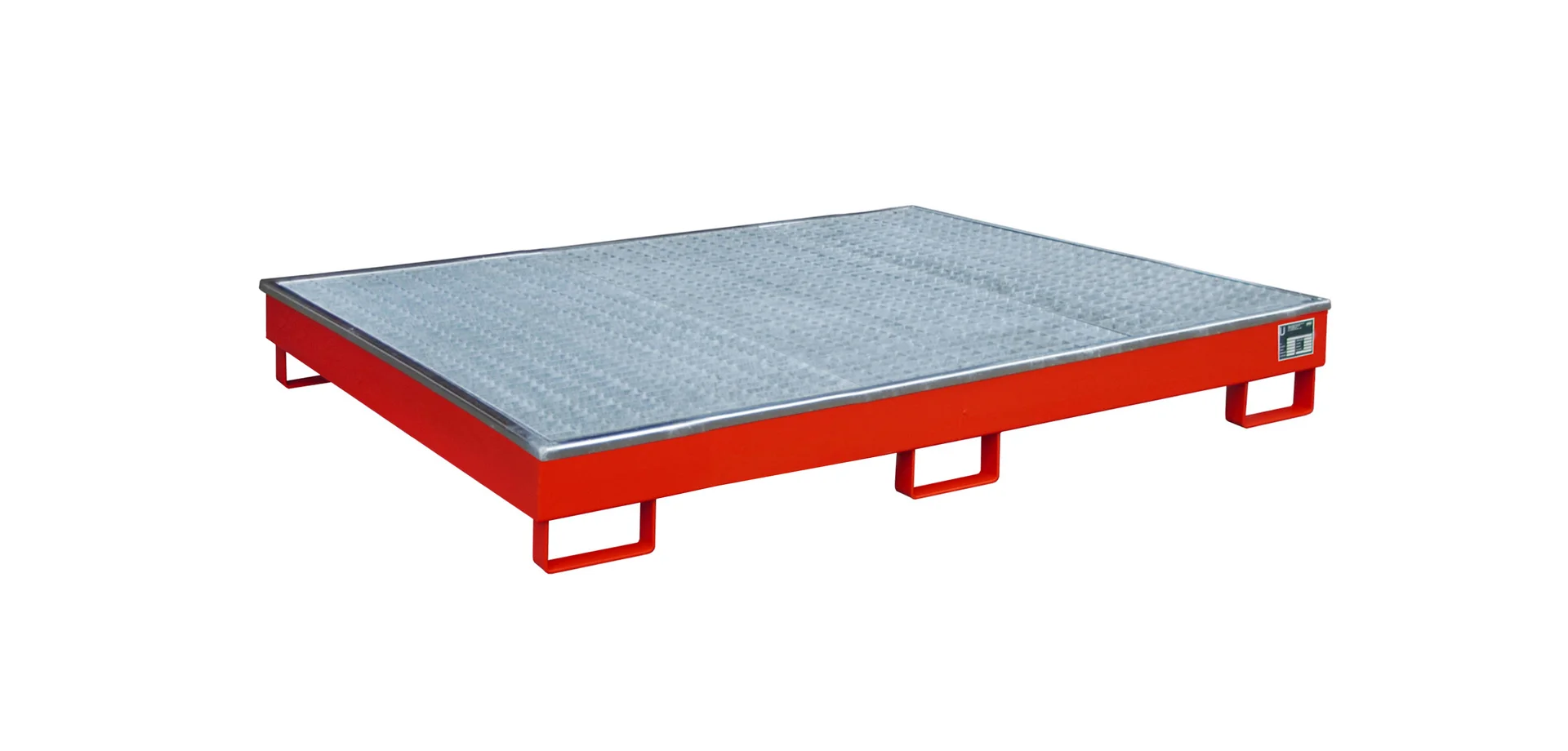 Vasca per scaffalature 1765 × 1315 × 255 mm, 240 litri, con inserto in PE e griglia 1800 mm, Ladeplattform, Metalloberfläche, Rotes Gestell, Palette Plattform, Gabelstaplerplattform