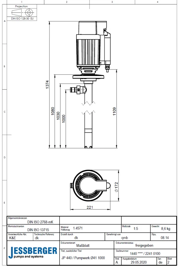 Jessberger set completo di pompe per fusti JP-440 SS 1000 mm EX per liquidi infiammabili